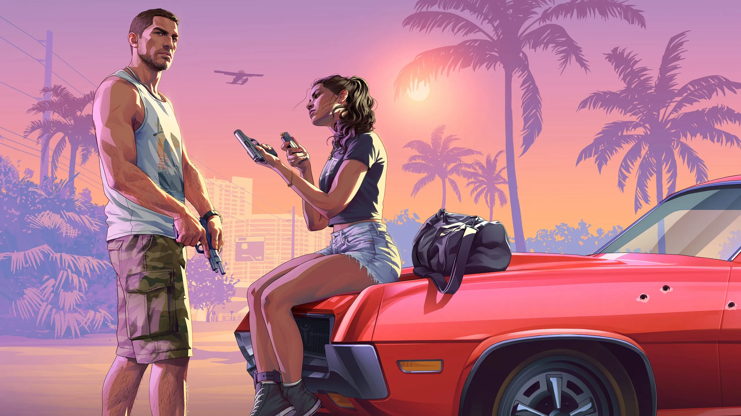 Artwork van Jason met een pistool naast Lucia, die op de motorkap van een rode auto een wapen laadt, met palmbomen en een zonsondergang erachter.