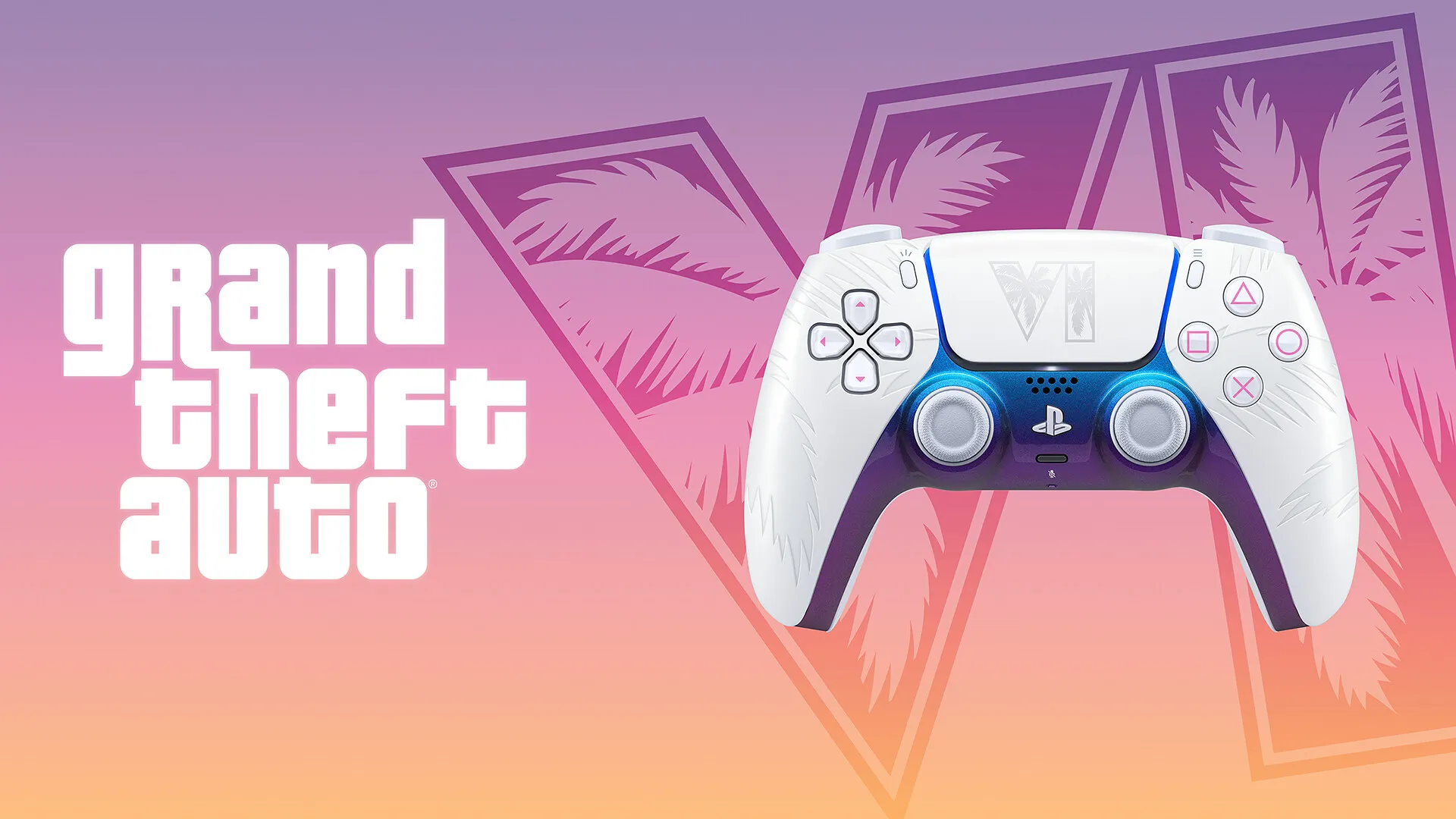 Der weiße DualSense-Controller der GTA-VI-Limited-Edition vor dem Vice-City-Logo.