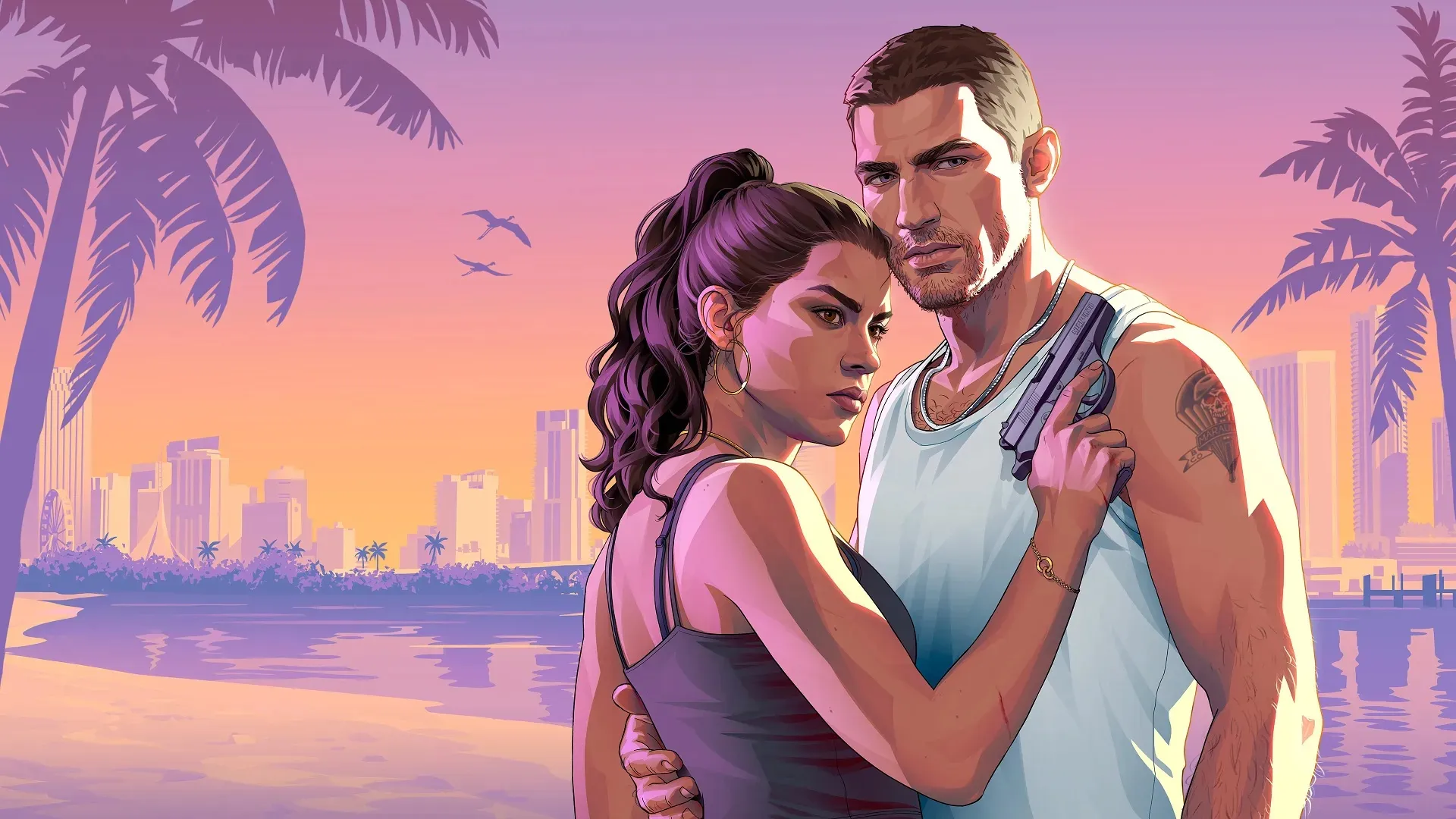 Artwork von Lucia und Jason an einem Strand in Vice City bei Sonnenuntergang, mit Palmen und der Skyline hinter ihnen. Jason hält eine Pistole.