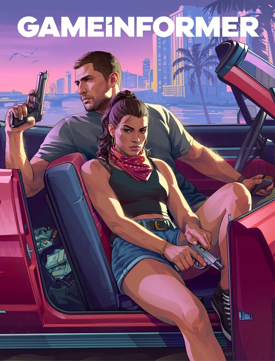 Jason und Lucia in einem roten Cabrio mit Einschusslöchern, beide mit einer Pistole, unter dem Logo von Game Informer.