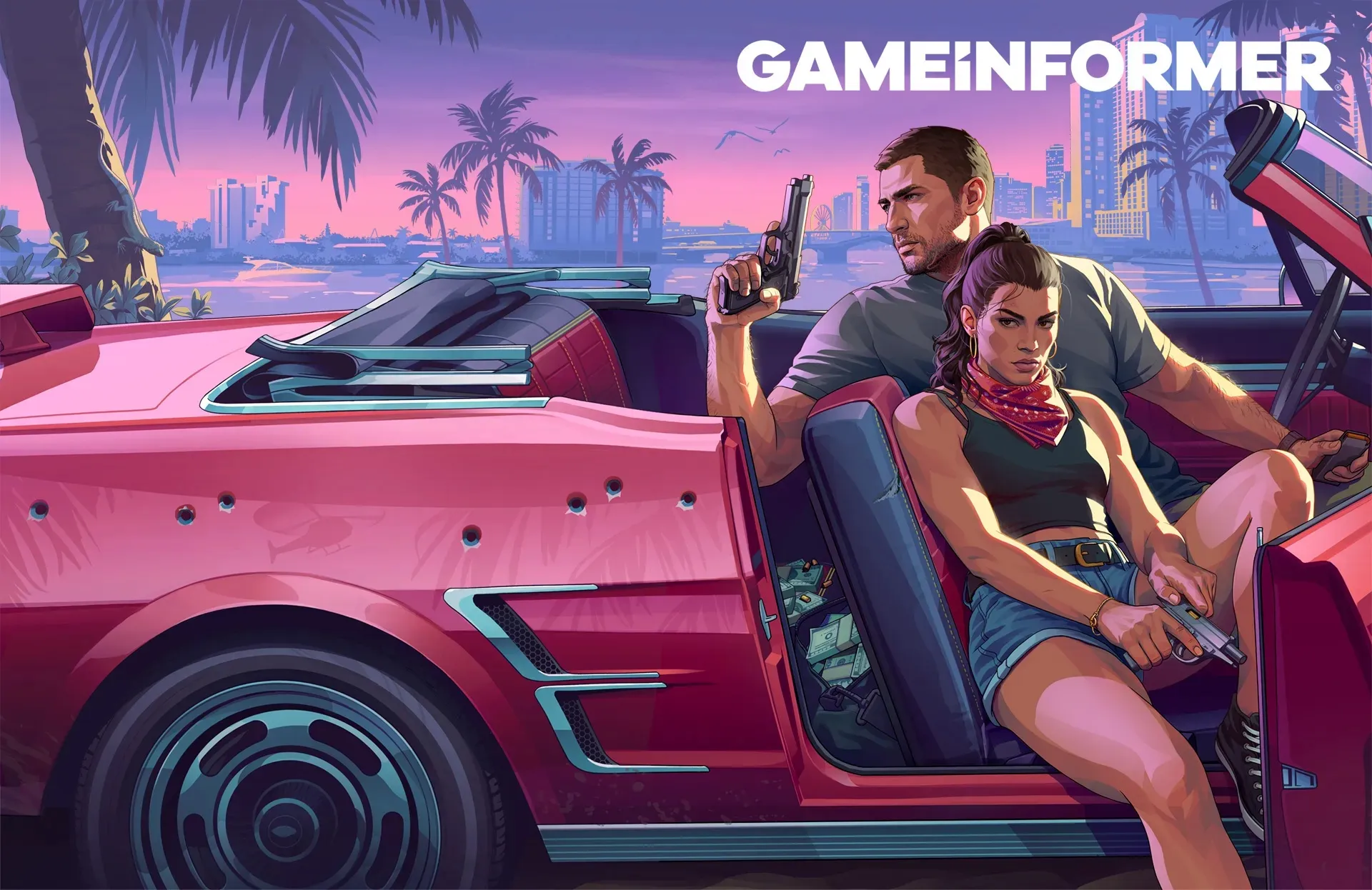 Das breite Cover mit dem ganzen roten Cabrio, Palmen und der Skyline von Vice City, und dem Logo von Game Informer oben rechts.