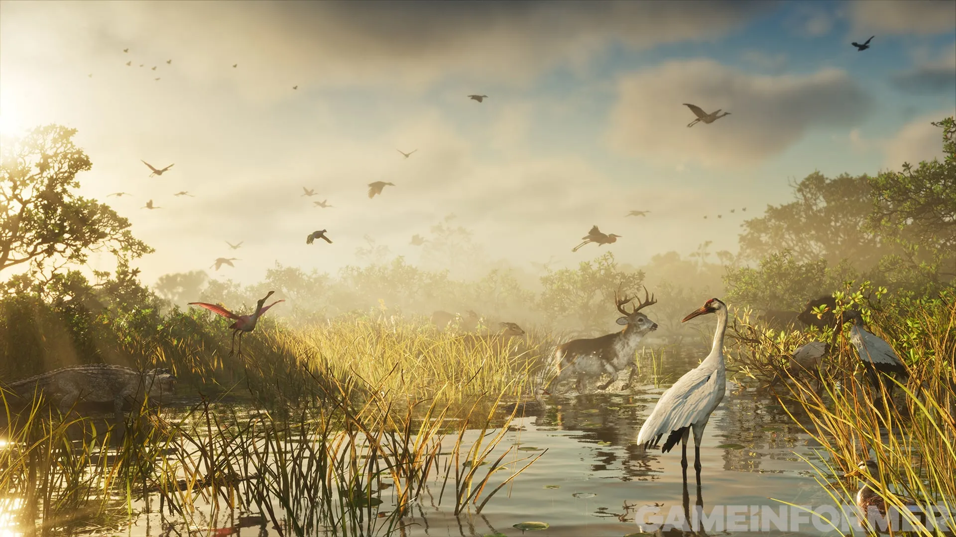 Ein Feuchtgebiet mit einem weißen Kranich, einem Hirsch, einem Flamingo und Vogelschwärmen über dem Schilf im Morgenlicht.
