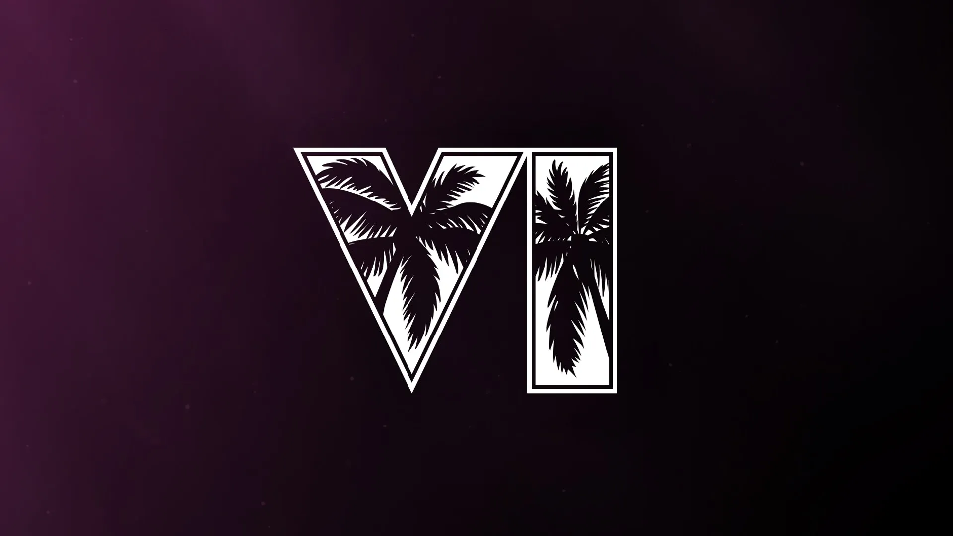 El logo de GTA VI con contorno blanco, relleno de palmeras, sobre un fondo morado oscuro.