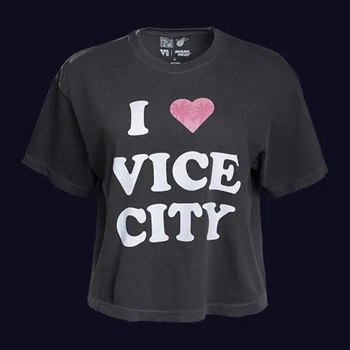 Una camiseta corta gris oscuro con I, un corazón rosa con palmeras y Vice City en letras blancas.