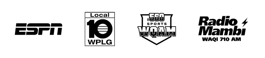 Los logos de ESPN, WPLG Local 10, 560 Sports WQAM y Radio Mambí WAQI 710 AM.