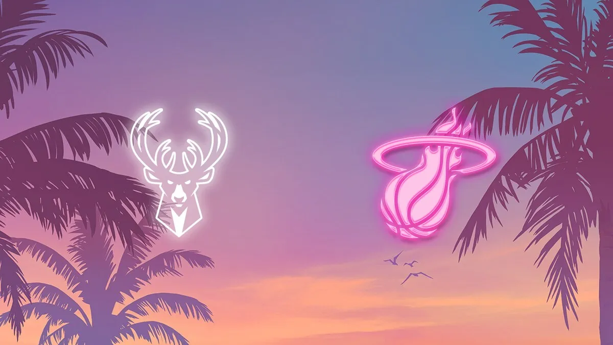 Los logos de los Milwaukee Bucks y los Miami Heat en neón, blanco y rosa, sobre un cielo de atardecer con palmeras.