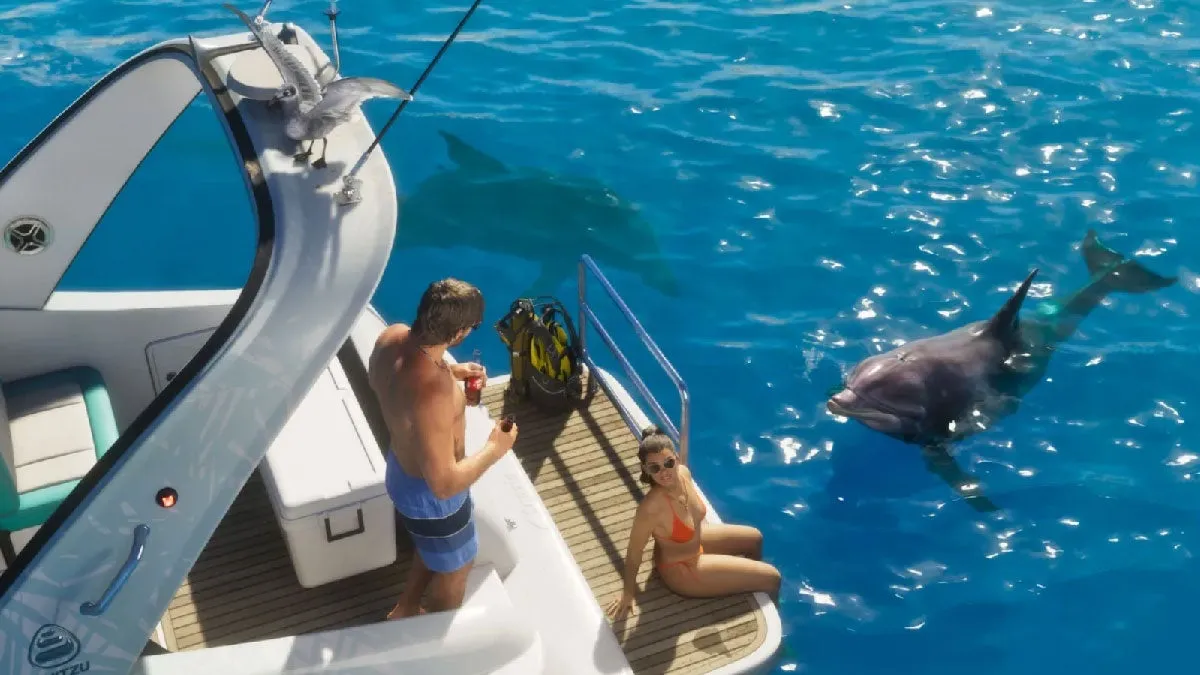A man and a woman on the back of a boat in blue water, with a dolphin beside them and a seagull on the railing.