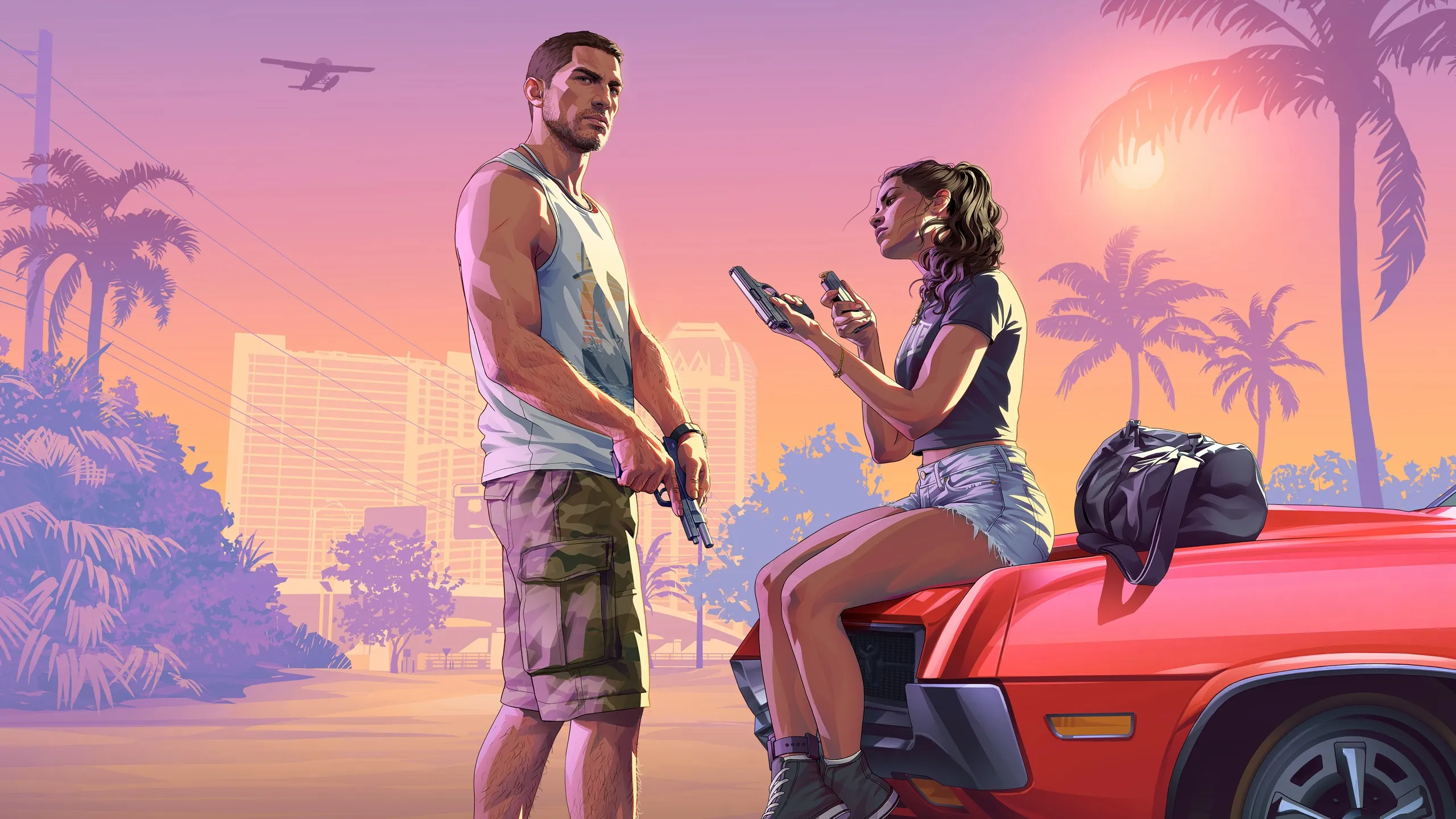 Officiële poster van de launchtrailer: Jason met een pistool en Lucia die op de motorkap van een rode auto een wapen laadt.