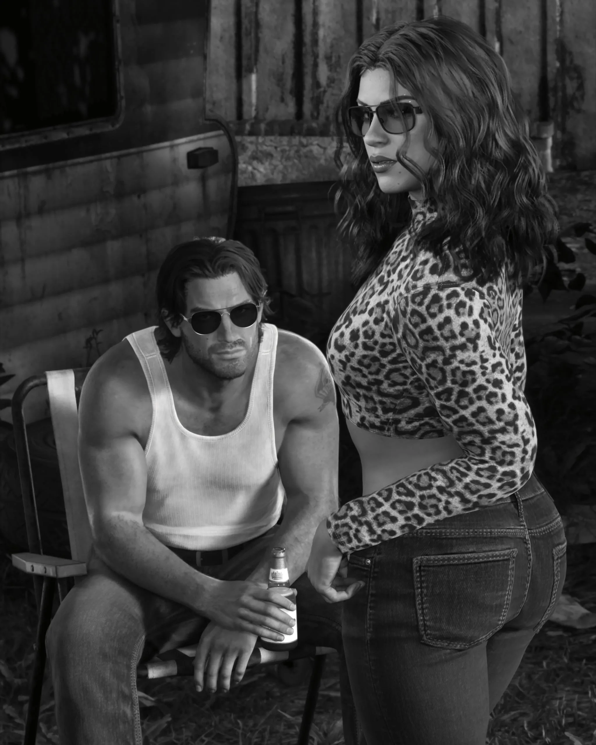 A black and white photo of Jason in a vest and sunglasses in a garden chair, with Lucia in a leopard print top standing next to him.