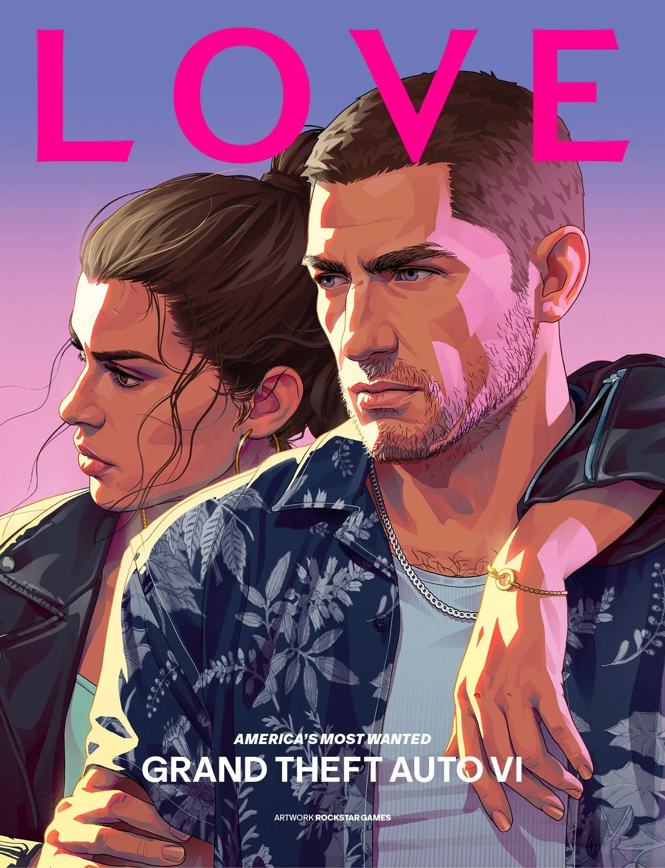 An illustration of Jason in a shirt with a leaf print, his arm around Lucia, under the large pink letters LOVE.