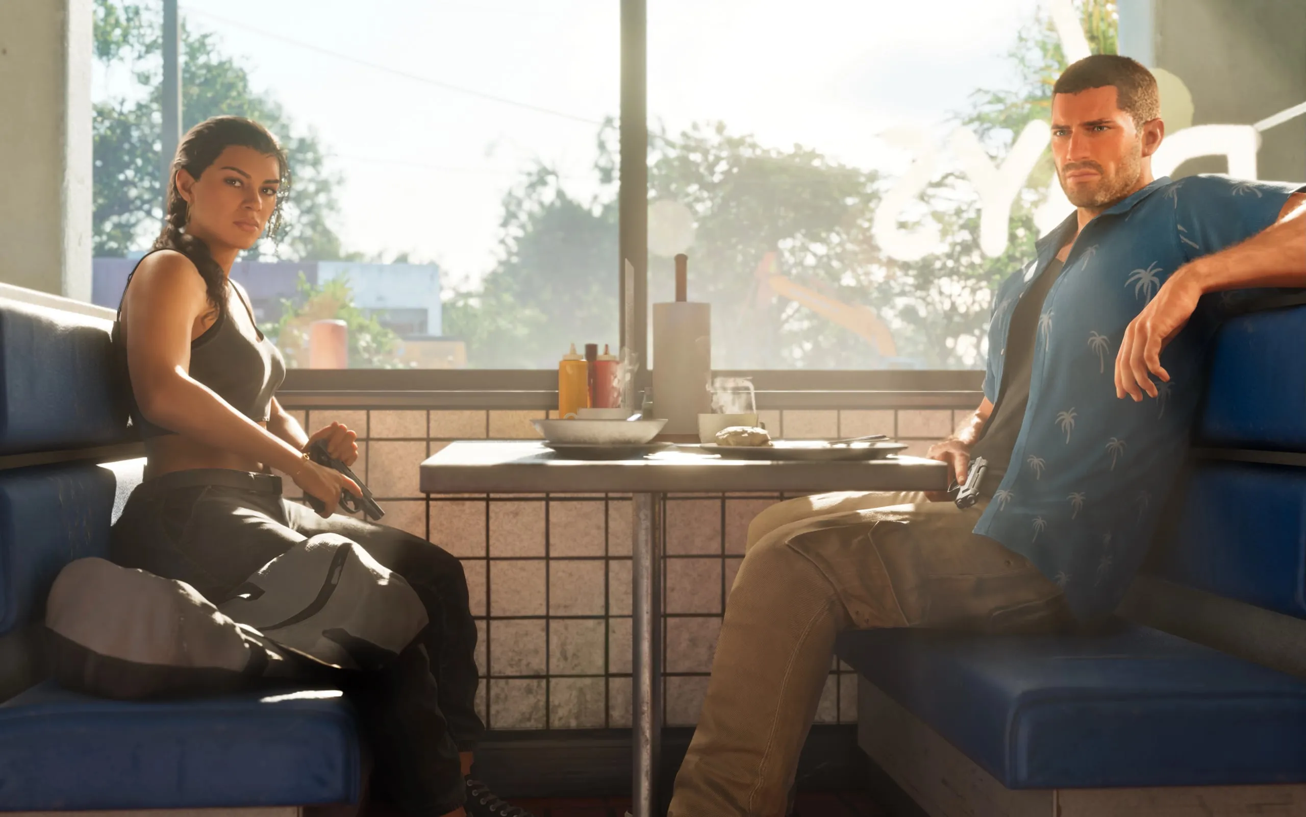 Lucia and Jason sit opposite each other in blue diner booths, each with a pistol, with a large grey bag next to Lucia.