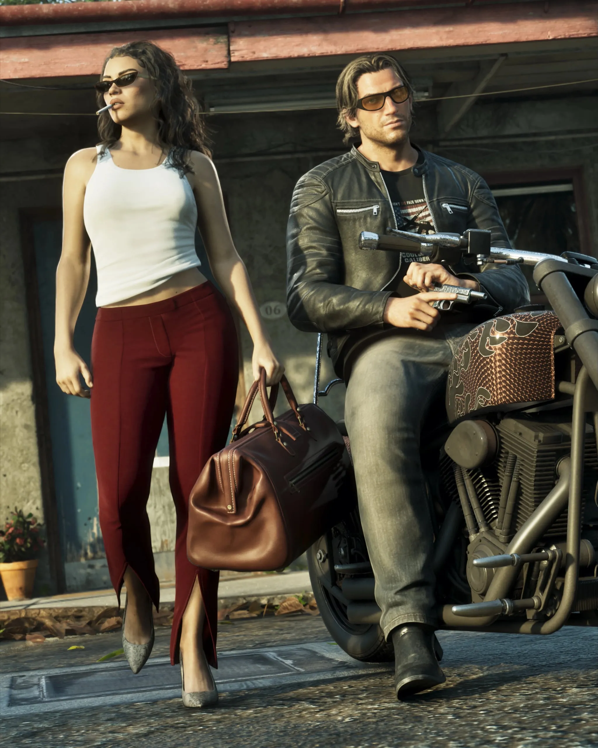 Jason in a leather jacket on a motorbike with a pistol, and Lucia in a white top and red trousers with a brown travel bag.