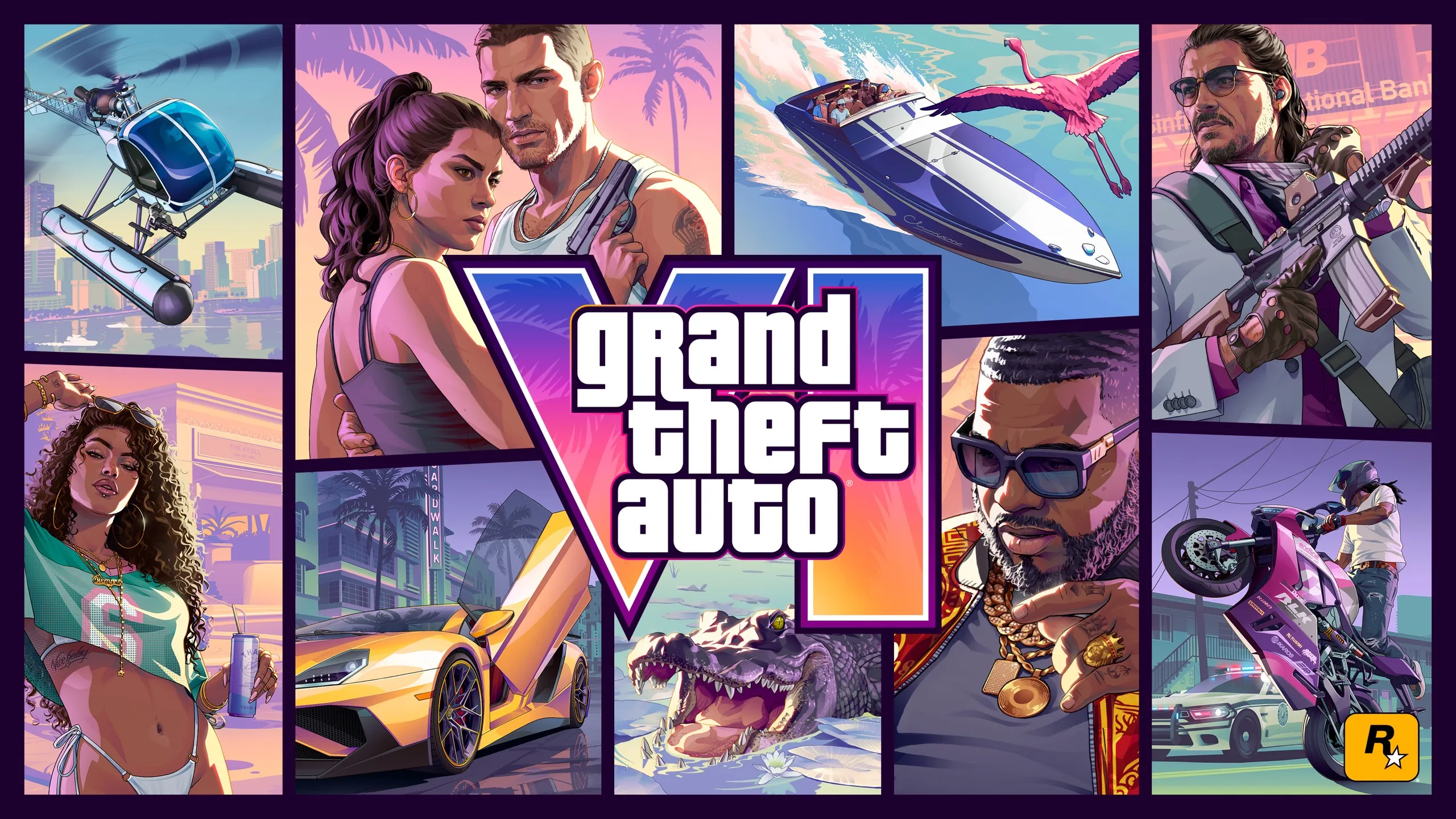 The official cover art of GTA VI: the logo in the middle of a grid of scenes with Jason and Lucia, a helicopter, a speedboat, an alligator and a motorbike.