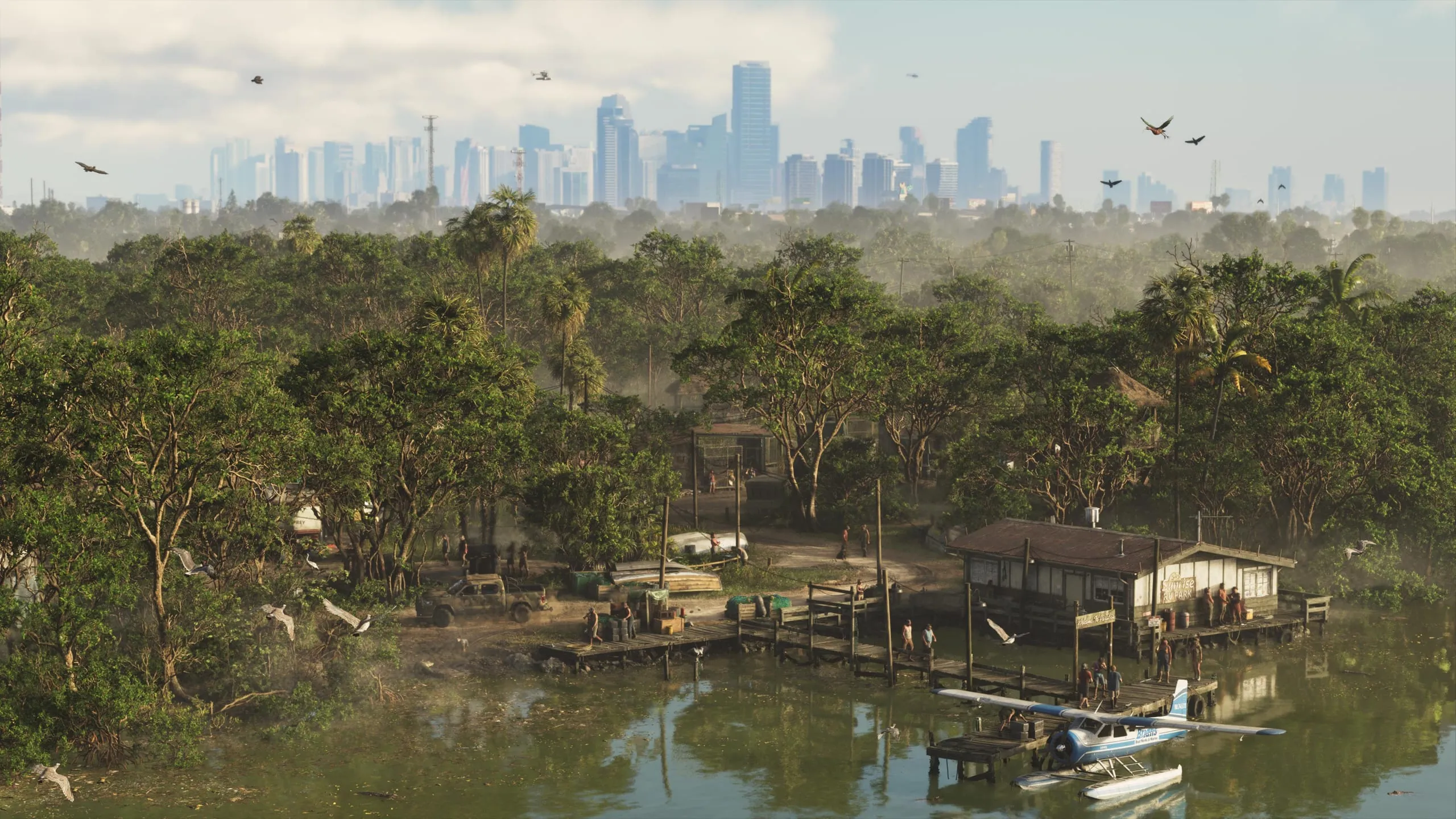 A swamp village with wooden houses on stilts and a seaplane at a jetty, surrounded by mangroves, with the towers of a city in the distance.
