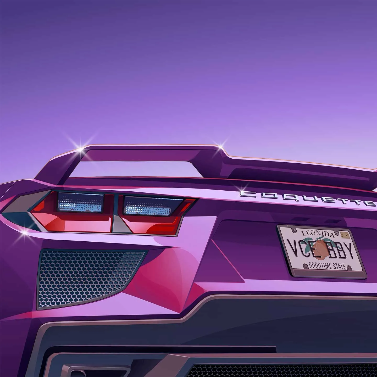 The rear of a purple Coquette with a Leonida licence plate reading VCE BBY, in the art style of GTA VI.