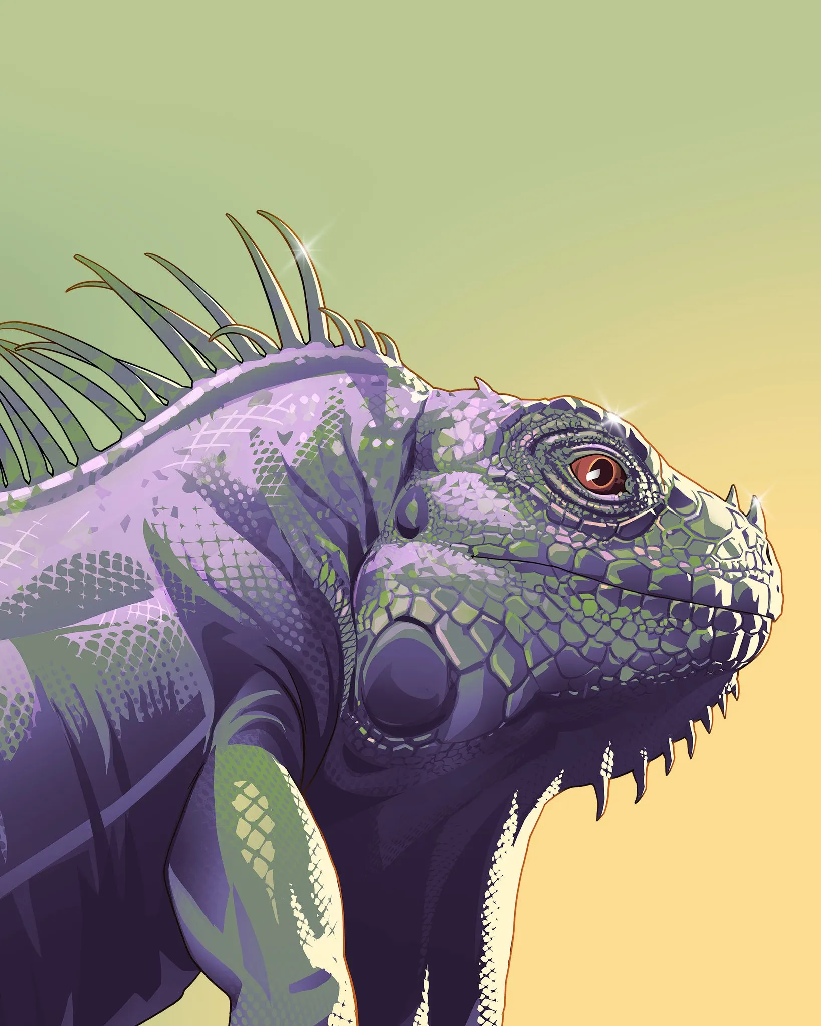 A purple and green iguana in profile against a yellow background, in the art style of GTA VI.
