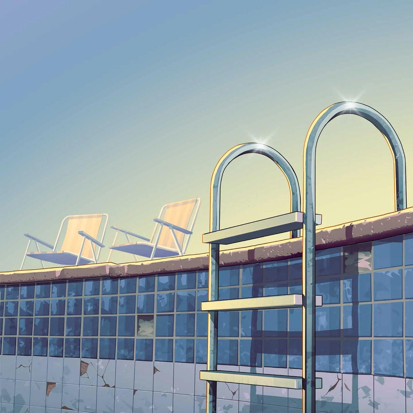 A drained swimming pool with a metal ladder and two sun loungers on the edge, in the art style of GTA VI.