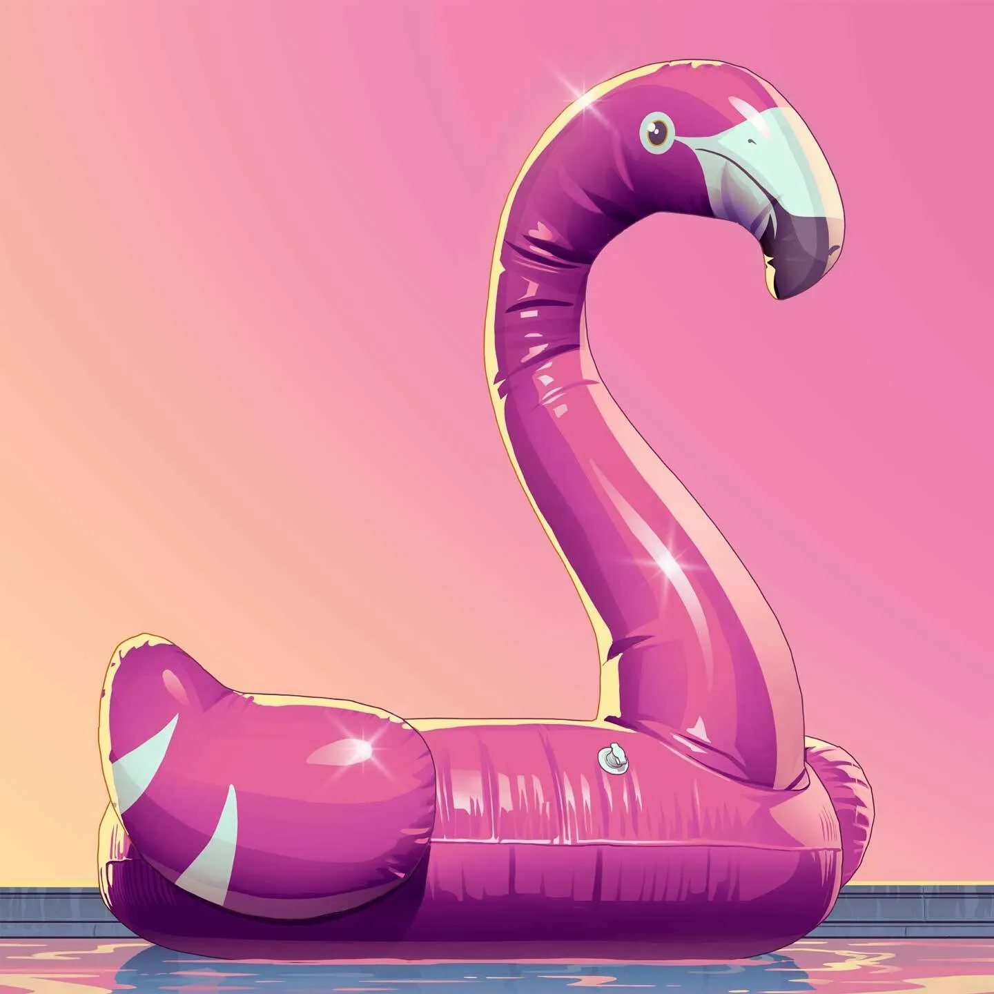 A pink inflatable flamingo at the edge of a pool, in the art style of GTA VI.