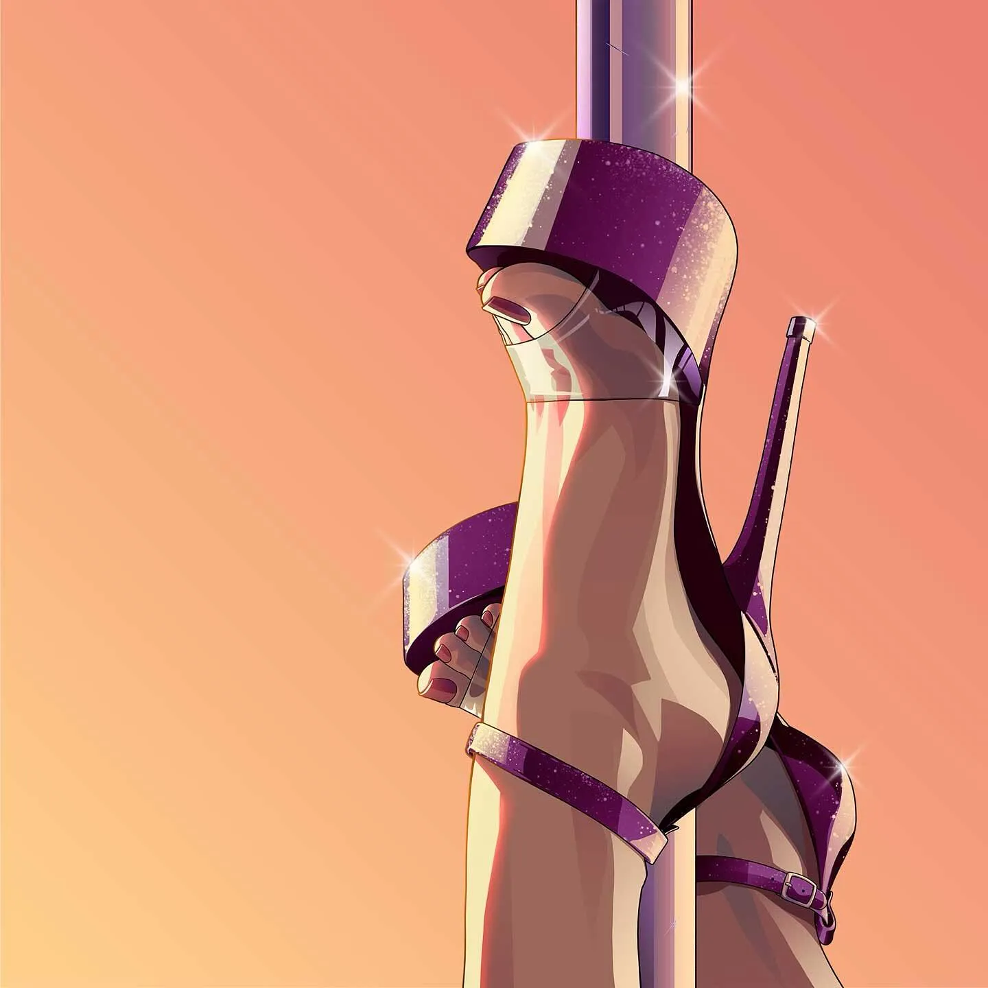 Purple high heels around a pole, in the art style of GTA VI.