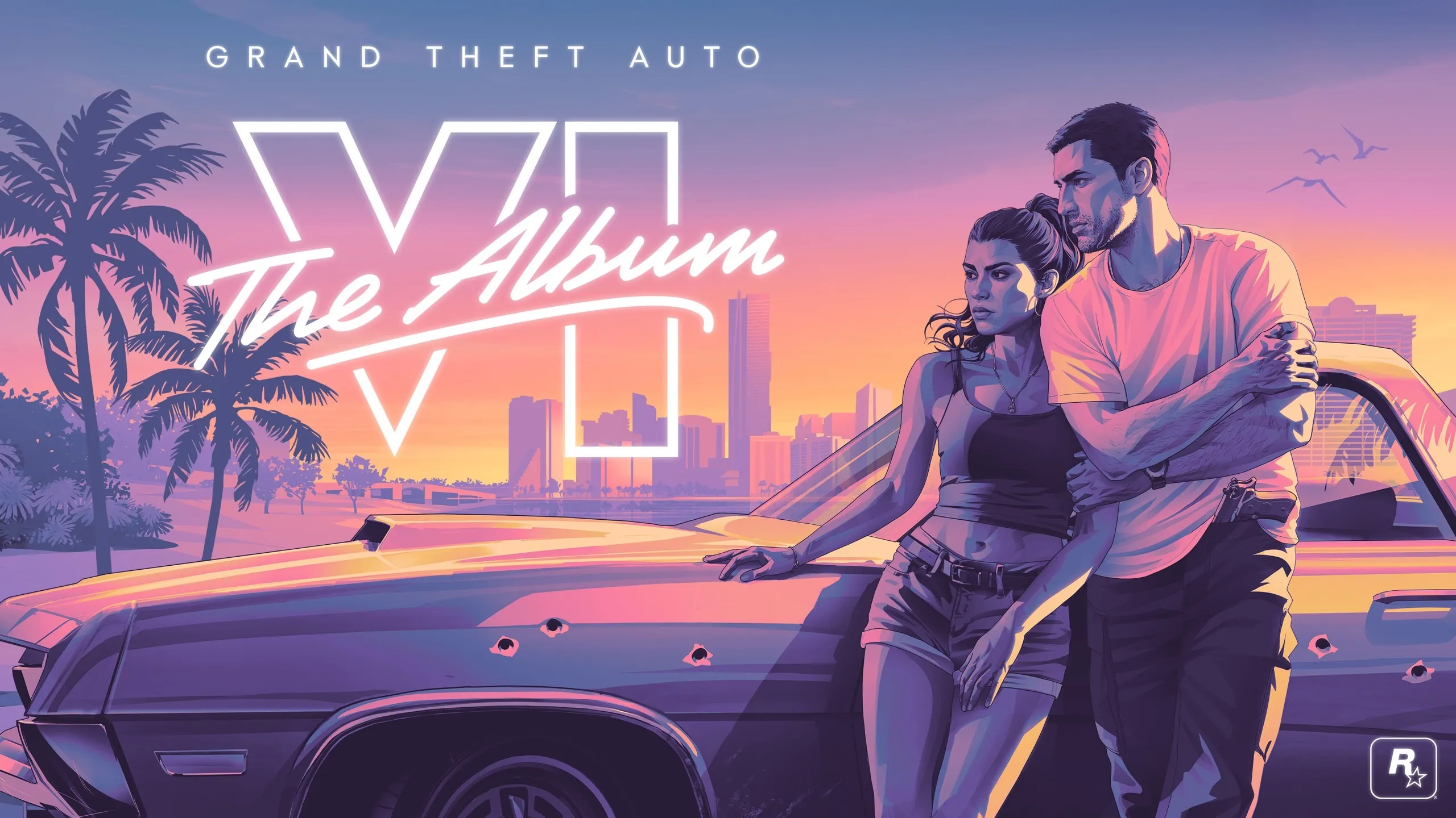 Das Cover von Grand Theft Auto VI: The Album, mit zwei Figuren an einem Auto in einem Sonnenuntergang in Vice City.