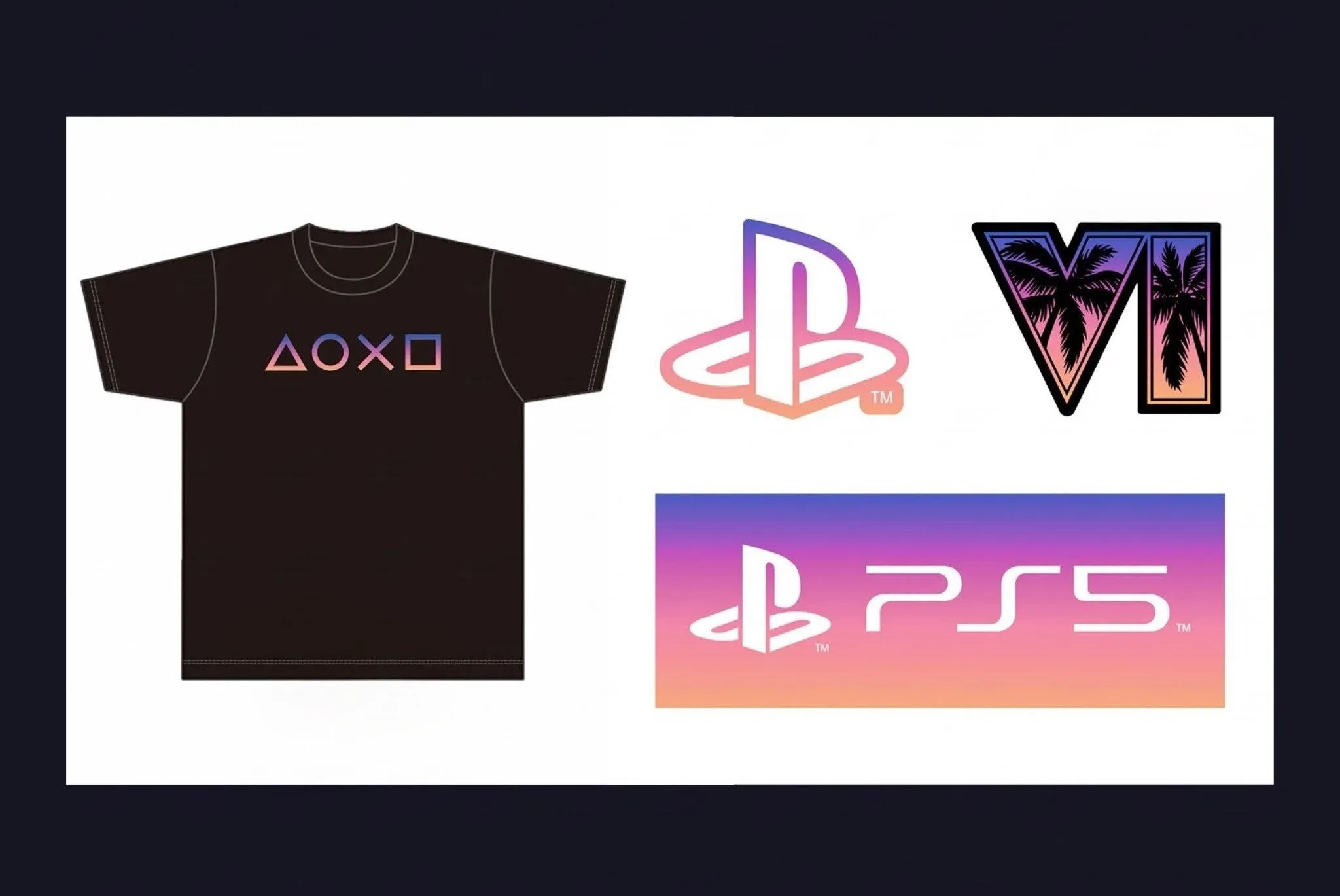 A black shirt with the triangle, circle, cross and square of PlayStation in pink and purple, next to a sticker sheet with a PS5 logo and a VI logo with palm trees.