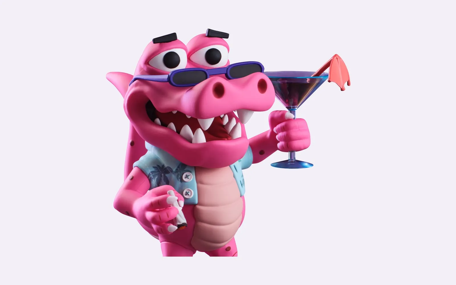 Eine rosa Alligatorfigur in blauem Hemd und mit lila Sonnenbrille, die ein Martiniglas hält.