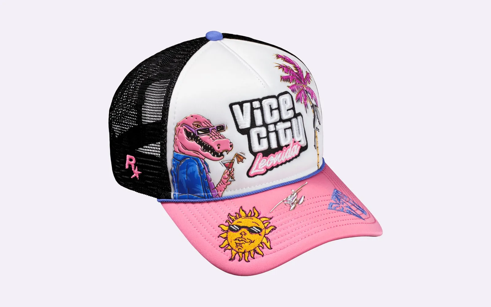 Eine Truckerkappe mit schwarzem Netz hinten, einer weißen Front mit Macca und dem Vice-City-Logo und einem rosa Schirm.