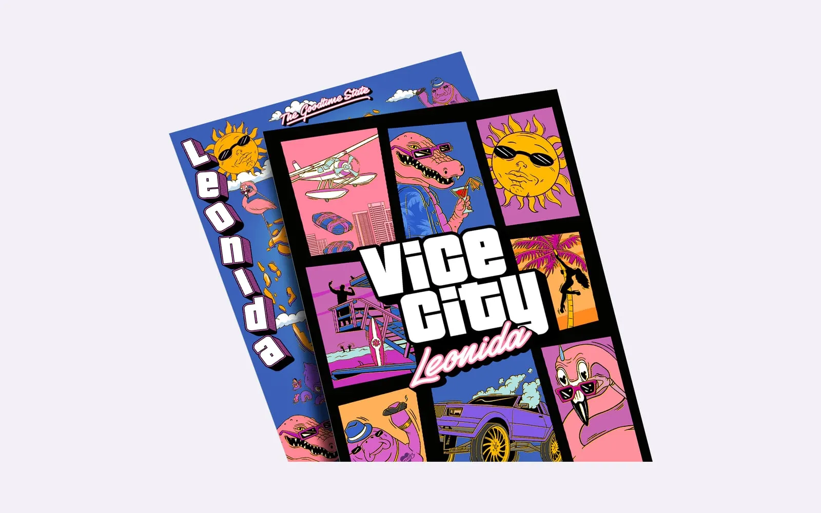 Ein Poster mit dem Vice-City-Artwork auf der Vorderseite und einer blauen Rückseite mit dem Wort Leonida am Rand.