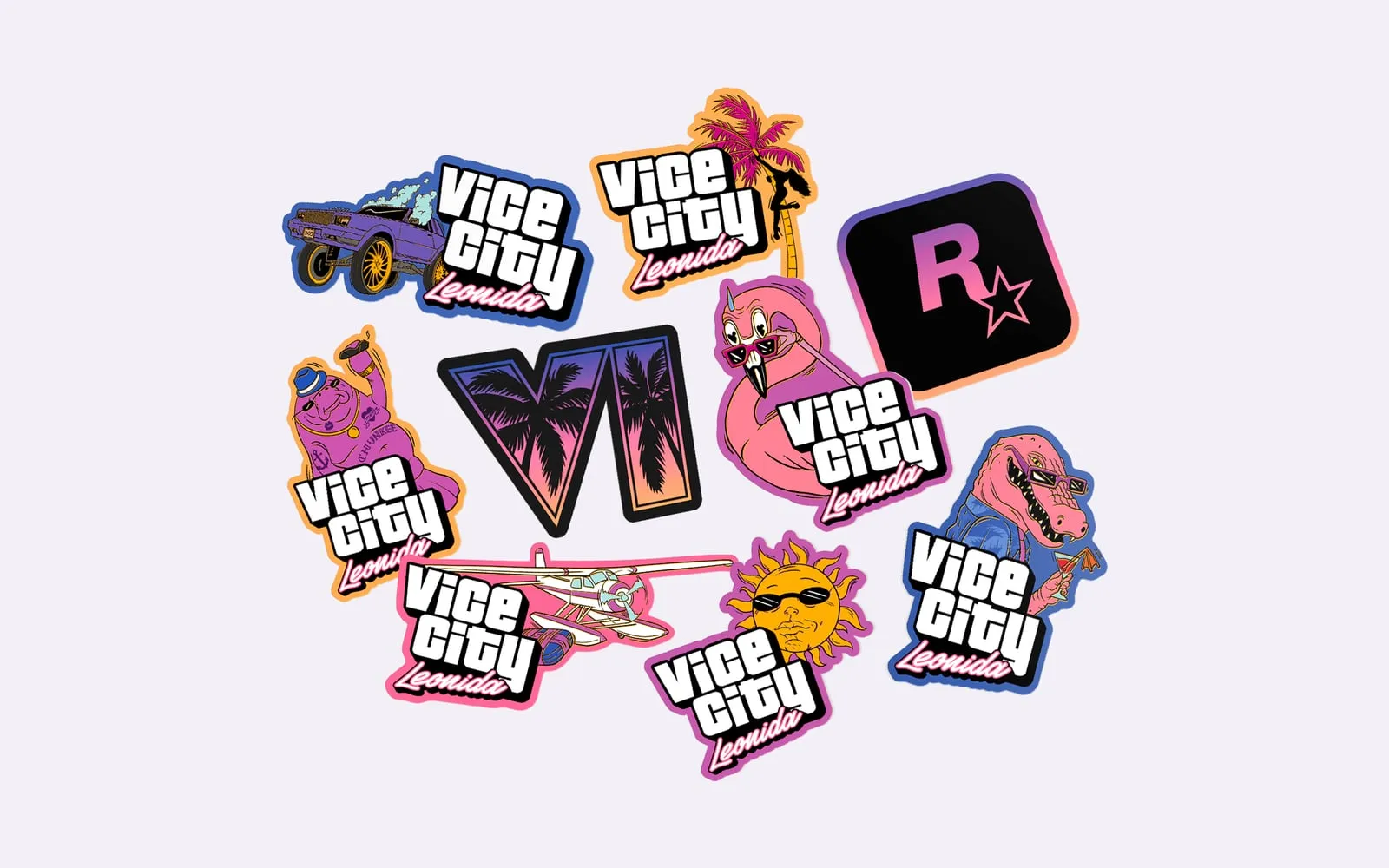 Eine Auswahl an Aufklebern mit dem Vice-City-Logo, den Figuren von Macca the Gator, dem VI-Logo und dem Rockstar-Logo.