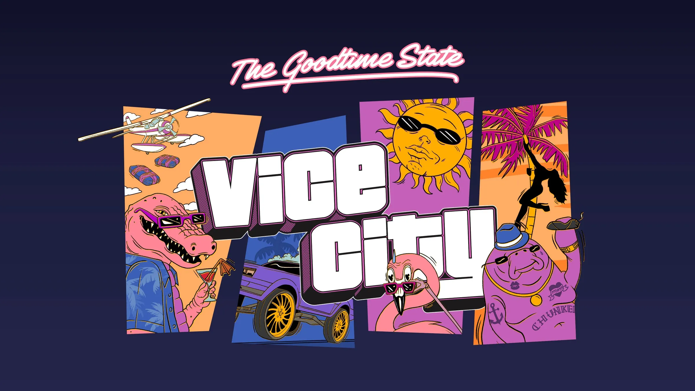 Vice-City-Artwork von The Goodtime State, mit Macca the Gator mit einem Drink in der Hand, einer Sonne mit Sonnenbrille, einem Flamingo und Chunkee the Manatee rund um das Vice-City-Logo.