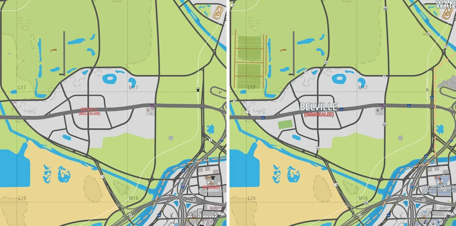 Belville on version 16 of the YANIS map on the left and on version 17 on the right, with farm fields added to the north-west of the town.