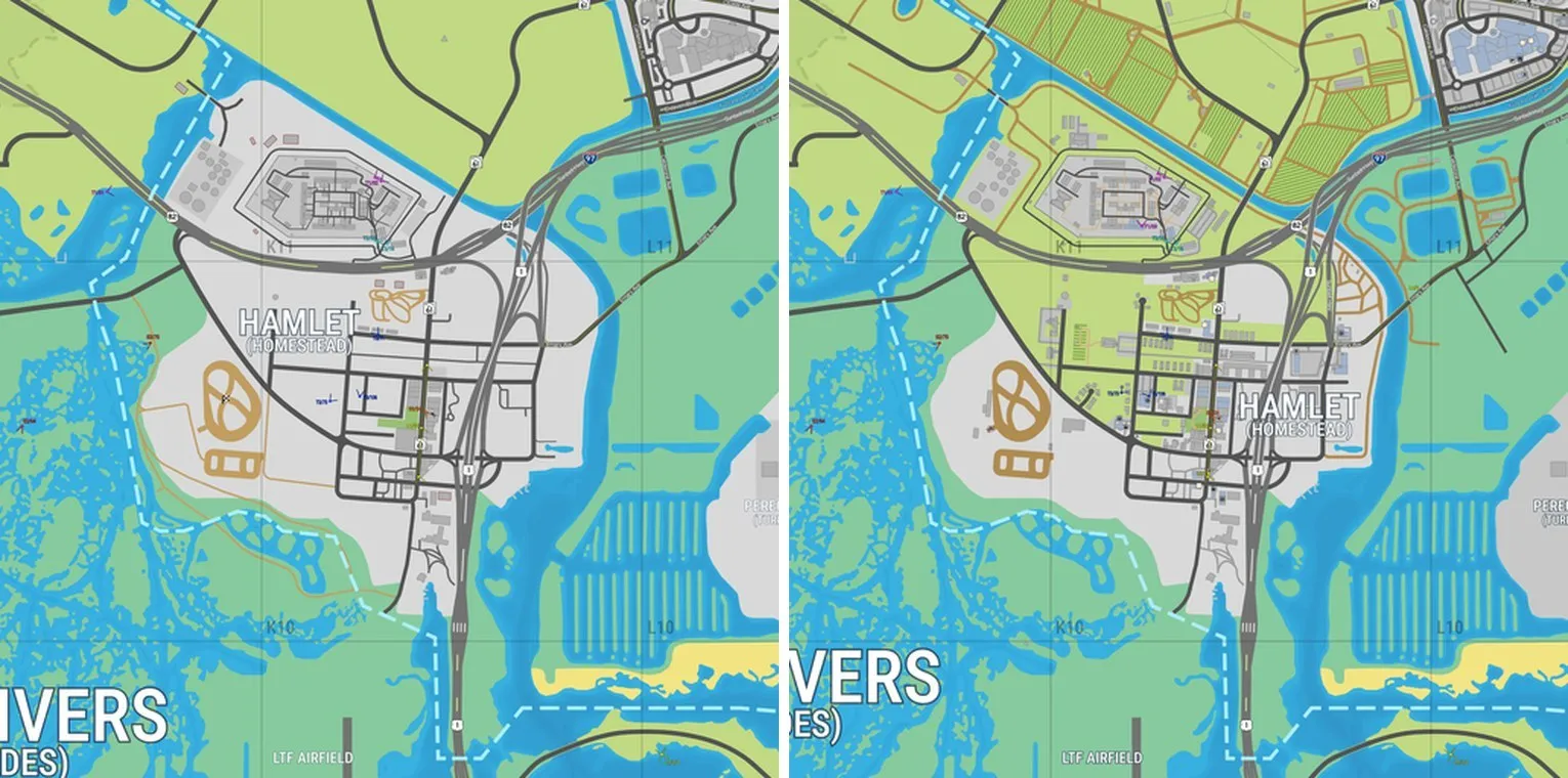 Hamlet on version 16 of the YANIS map on the left and on version 17 on the right, where the town is smaller, sits further east and has farm fields to the north.