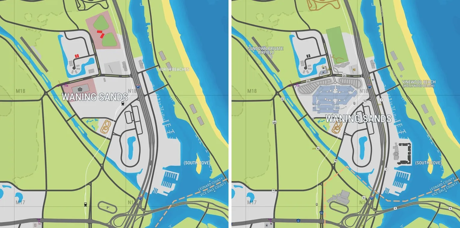 Waning Sands on version 16 of the YANIS map on the left and on version 17 on the right, with a large building complex and car parks added in the new version.
