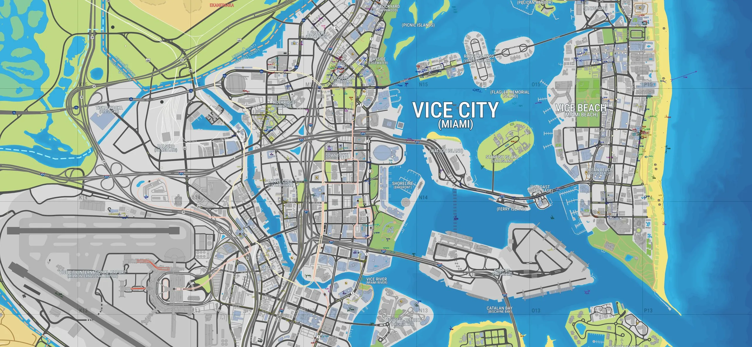 Vice City on version 17 of the YANIS community map, with downtown, Watson Island, Starfish Island and Vice Beach, many buildings shaded blue.