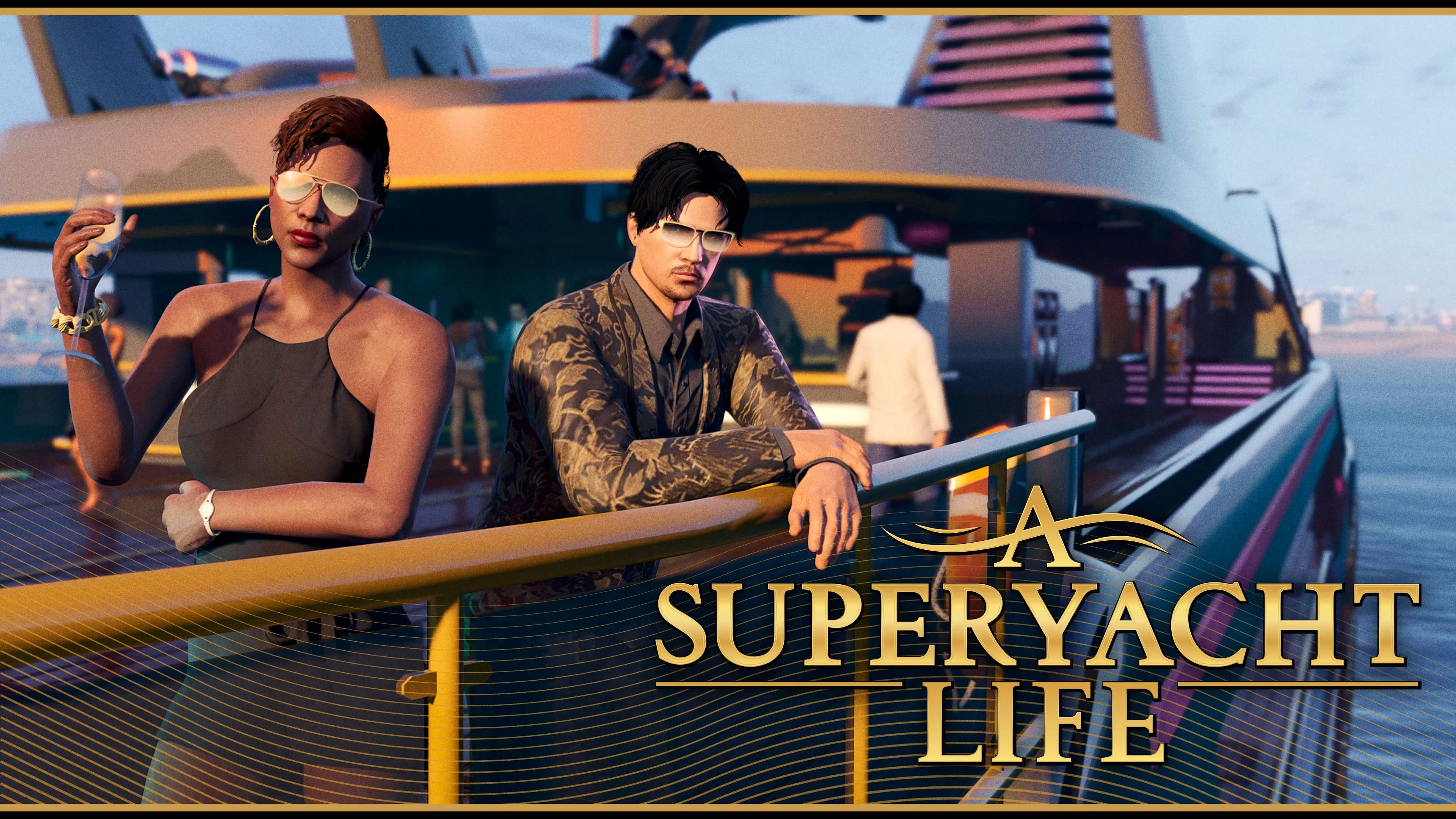 A Galaxy Super Yacht off the coast of Los Santos in GTA Online.